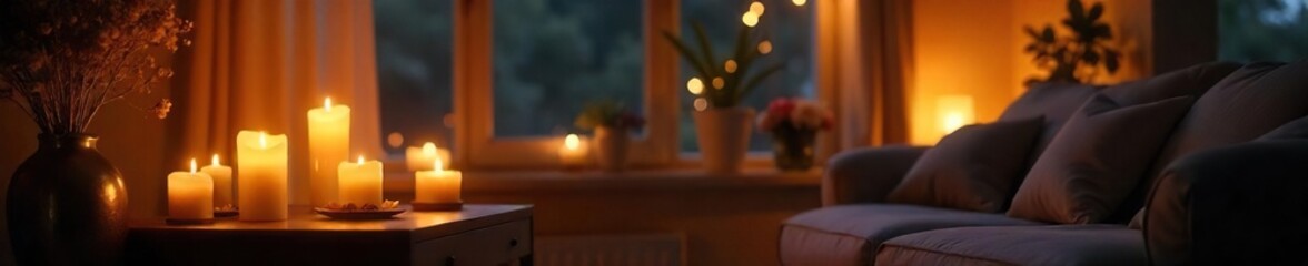 Fototapeta premium Cozy Candlelit Interior Warm Glow Illuminates a Peaceful and Romantic Room, Perfect for Home Decor, Relaxation, and Lifestyle Photography