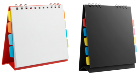 Colorful spiral notepad with blank pages and tabbed dividers on table  