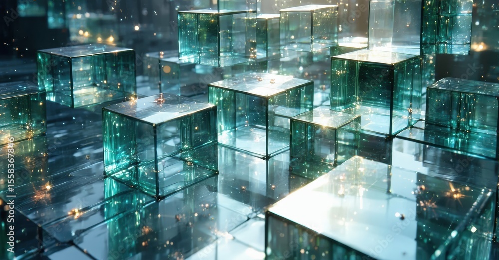 Poster abstract glass cubes reflect light, creating futuristic digital landscape. dark background emphasize
