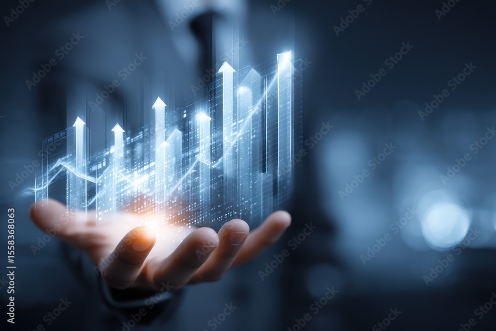 Aufkleber digital hand displaying business visuals and tech charts, symbolizing technological growth.