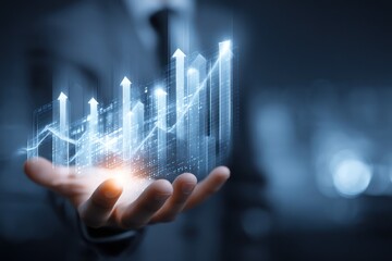 Digital hand displaying business visuals and tech charts, symbolizing technological growth.