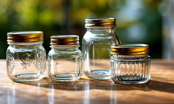 4 clear glass jars with gold lids sit on a wood table in natural light