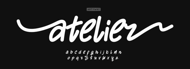 Handwritten brush font flowing like thread, stylized lettering for fashion logos, tailor signs, woman-led ateliers, handmade covers, modern script vibe with calligraphy twist, vector typeset