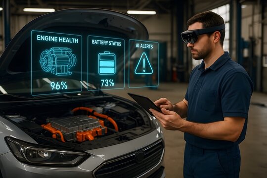 Mechanic Using AR Glasses to Inspect Electric Car Engine with Floating HUD Showing Battery Status and AI Alerts in Garage
