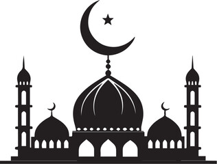Black silhouette of mosque dome with crescent moon in flat vector PNG style, Islamic symbol for religion, faith, prayer, Ramadan, Eid, architecture, spirituality, culture, and tradition
