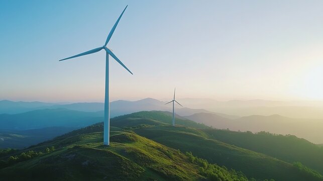 Majestic wind turbines stand tall on rolling green hills under a clear, sunrise sky, symbolizing clean energy and environmental sustainability