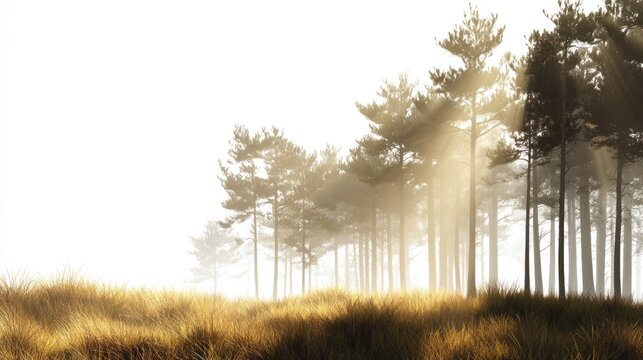 Wide-angle digital rendering of a golden hour forest clearing with soft grass and sunbeams, isolated on a white background with ample negative space for product placement