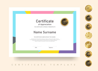 Pastel color certificate layout with modern frame and gold badge ideal for creative education award or course completion document