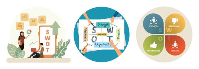 Team Discussing Strategic Business Goals. SWOT Analysis Framework. SWOT Analysis Diagram.