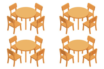 Round Wooden Tables and Chairs in Isometric View