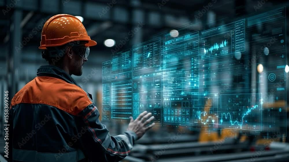 Poster engineer using augmented reality interface in industrial workspace
