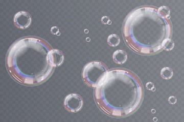 Floating soap bubbles in motion, transparent with realistic shine. Great for creative design, clean air visuals, spa concepts, bathroom product ads, or cheerful 3D decorations.