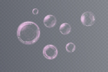 Glossy soap bubble set with realistic shine, isolated on clear PNG background. Ideal for air freshness design, bathroom scenes, fun party flyers, cosmetic branding or UI sparkle effects.