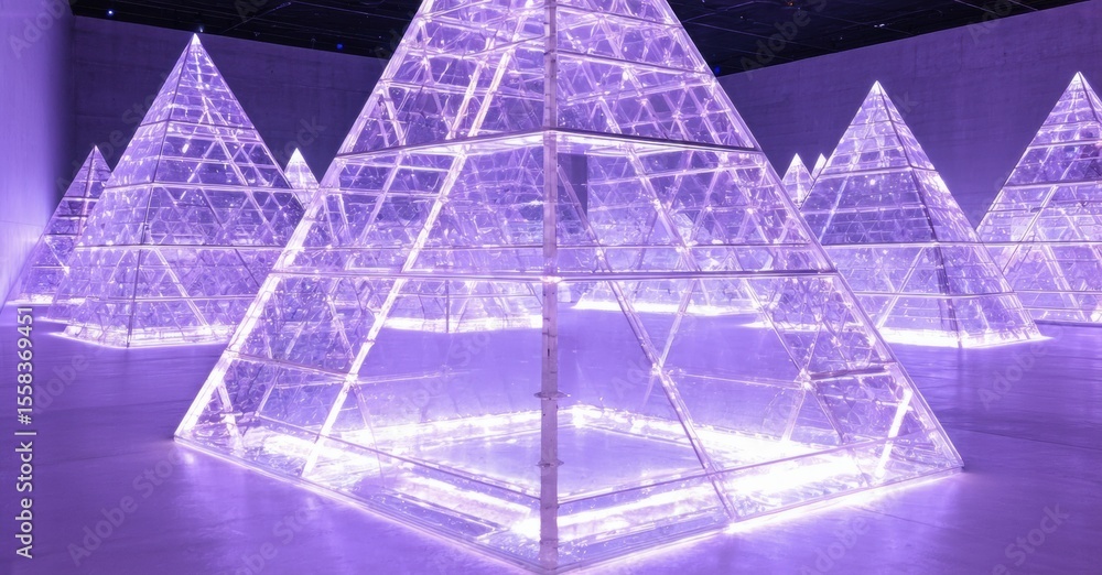 Poster pyramids illuminate dark space. geometric structures glow purple, creating surreal installation. min