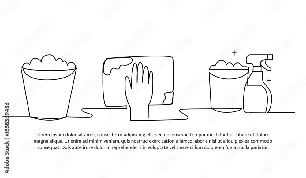 Poster continuous line design of a bucket filled with foam for cleaning. single line decorative element dra