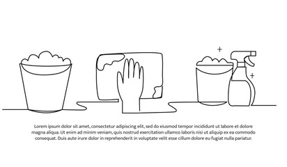 Continuous line design of a bucket filled with foam for cleaning. Single line decorative element drawn on white.