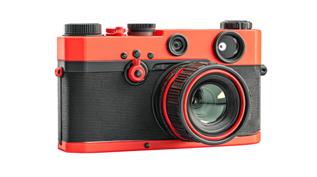 A vibrant retro style rangefinder camera capturing memories with a modern on transparent background