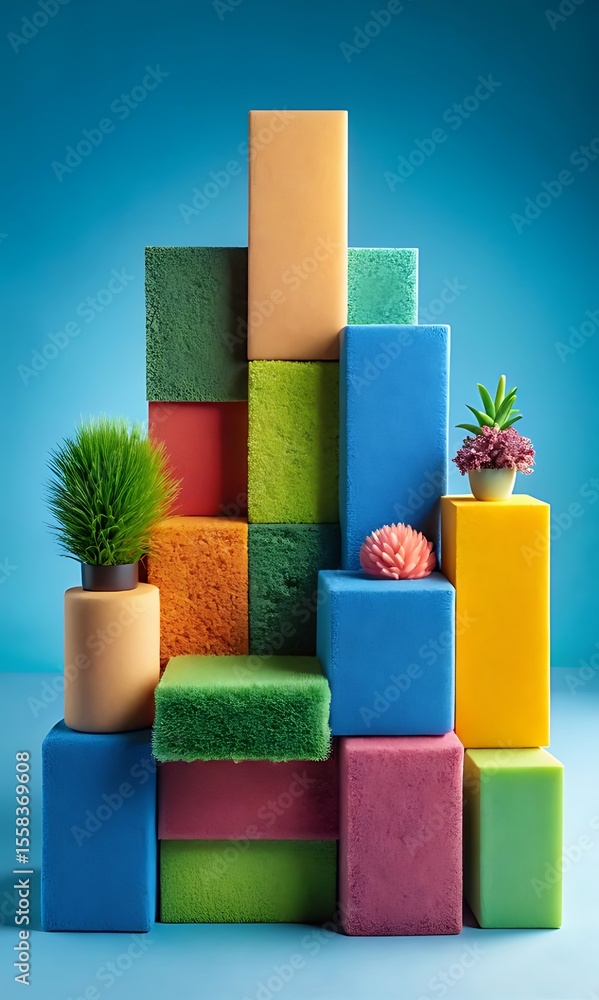 Aufkleber stack of colorful geometric blocks with artificial plants