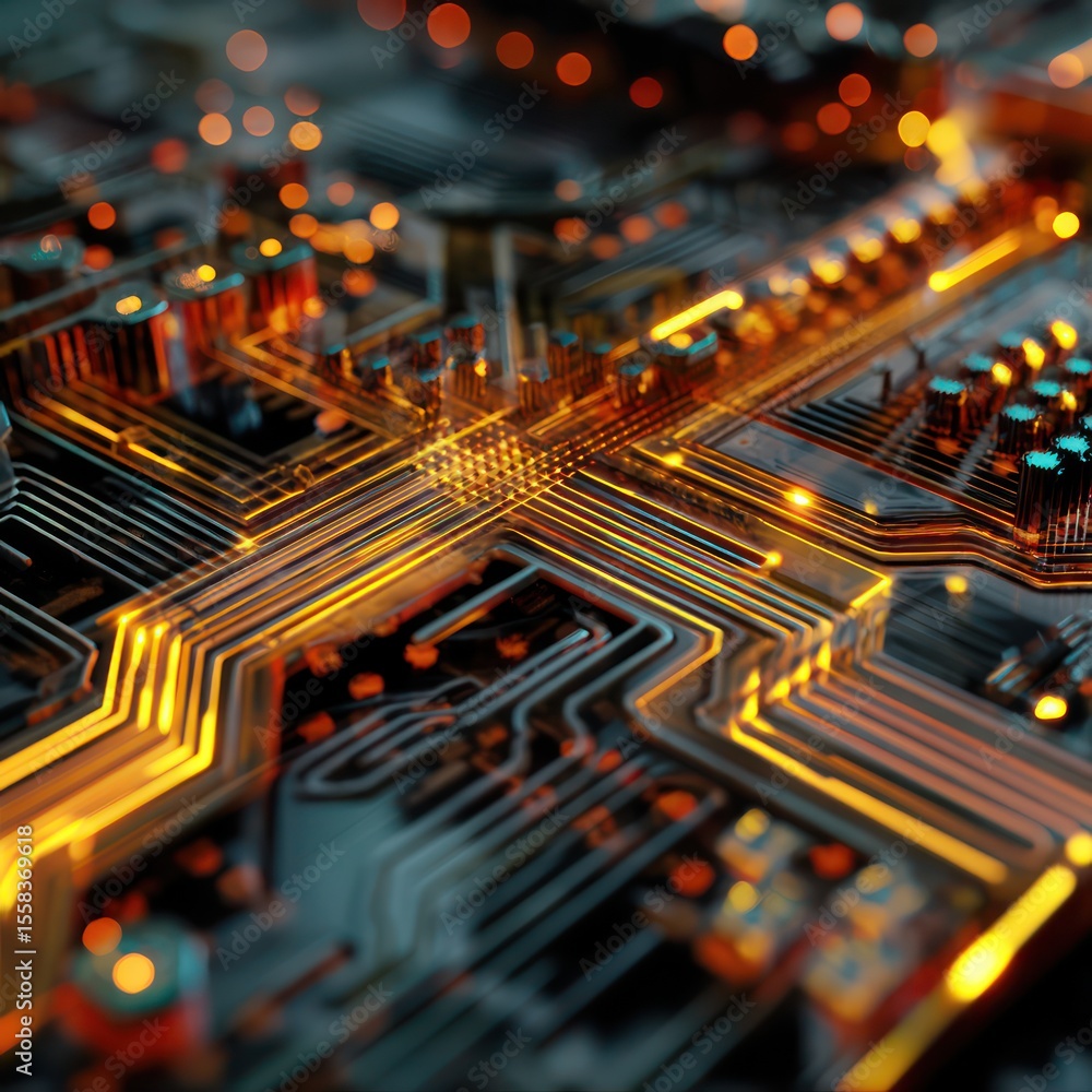Poster glowing circuits forming complex patterns, showcasing the inner workings of modern digital systems.