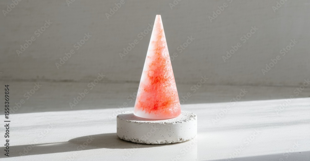 Poster Cone shaped object rests upon gray base. Reddish tint permeates translucent material. Minimalist aesthetic, simple composition.