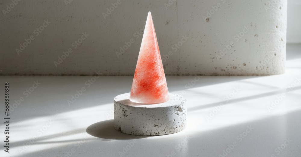 Poster red cone shaped object rests upon gray concrete base. minimalist composition, soft lighting, simple 
