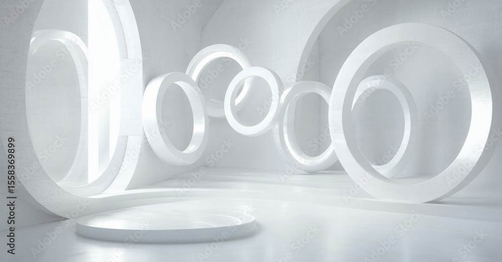 Poster minimalist scene features white circular forms, pedestal. clean lines, soft lighting create modern a