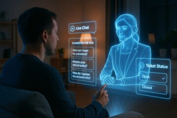 Man Using Holographic Virtual Assistant at Home with Floating AI Chat Interface and Ticket Tracker in Futuristic Customer Support Scene