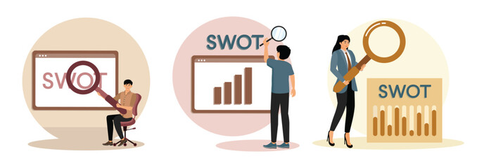 Business Professional. SWOT Analysis Using a Magnifying Glass. Businesswoman Analyzing SWOT.