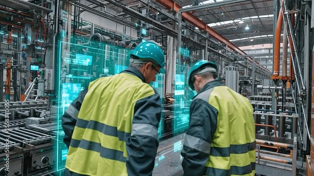 Poster workers observe industrial technology integration in factory setting