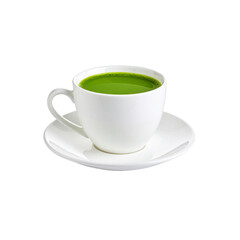 Fototapeta premium Warm white ceramic mug with matcha on saucer, perfect for breakfast or relaxing in the morning.
