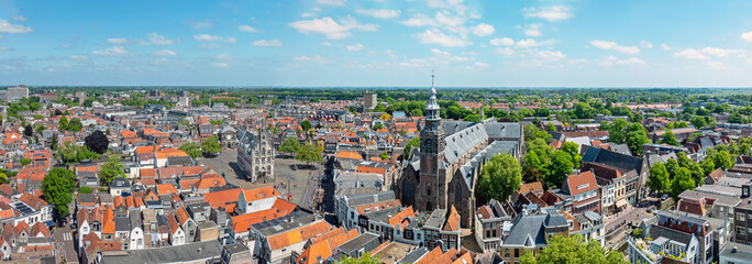 Aerial panorama from the historical city Gouda with church and city hall in the Netherlands