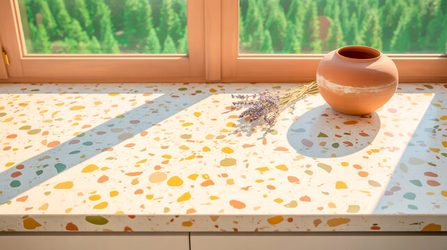 A modern interior scene with a terrazzo-style countertop featuring scattered colored dots in orange, yellow, olive green, and rust colors against a white base - Powered by Adobe