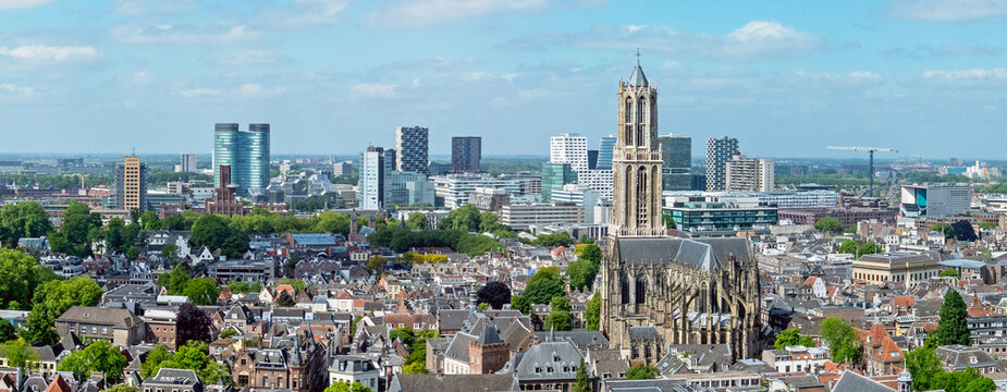 Aerial from old and new buildings in the city Utrecht in the Netherland
