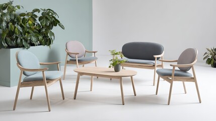 Fototapeta premium Softly colored wood furniture paired with minimalist white walls and subtle plant accents