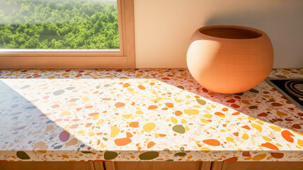 A modern interior scene with a terrazzo-style countertop featuring scattered colored dots in orange, yellow, olive green, and rust colors against a white base