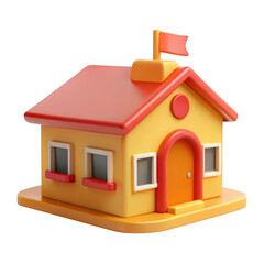 3d cartoon school building with flag isolated on transparent background