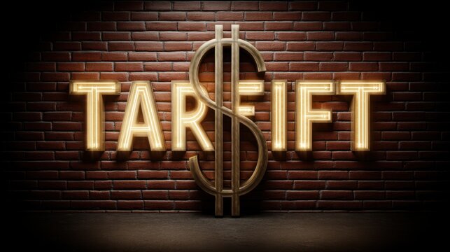 A large dollar symbol behind a brick wall labeled "TARIFF," with export goods trying to pass through metaphorical visual for economic restriction