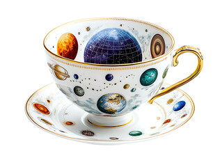 Cosmic design tea cup artistic display ceramic art home close-up universe theme