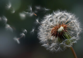 Dandelion seeds blowing away in the wind, symbolizing freedom and serenity.