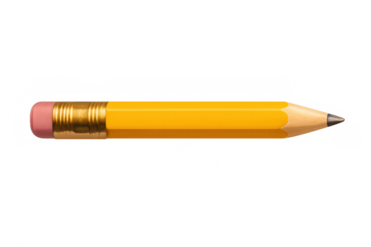 Yellow pencil with pink eraser resting horizontally, blank transparent surface highlighting minimalist stationery design