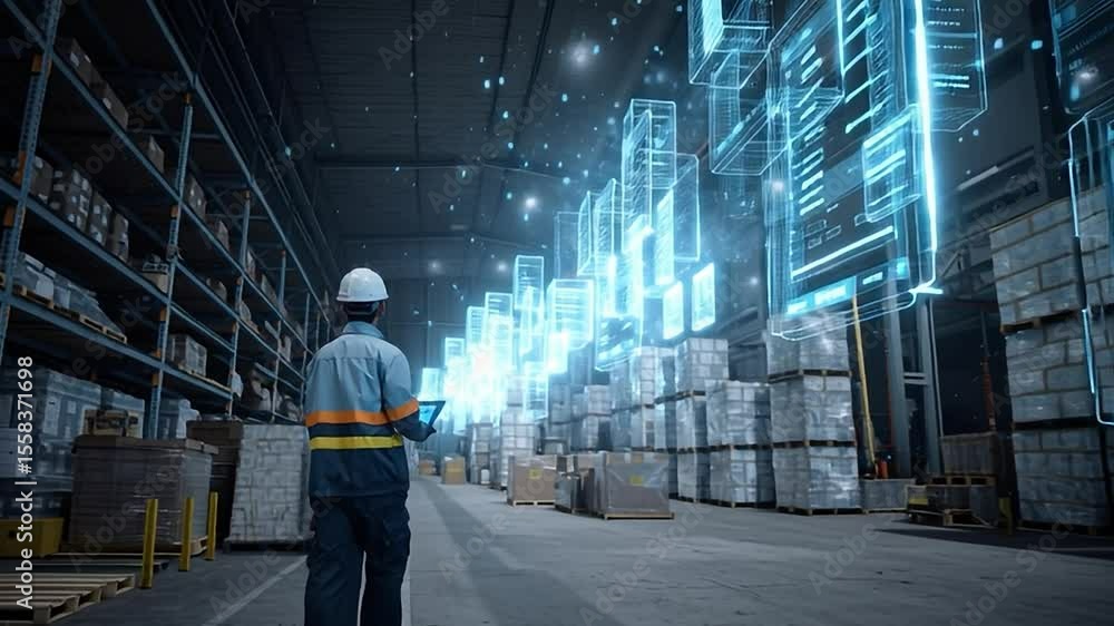 Poster worker analyzes data in warehouse using advanced technology