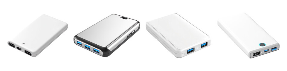 Collection of portable chargers, isolated on a transparent background