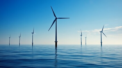 Offshore wind turbines generate clean energy in a calm sea under a clear blue sky