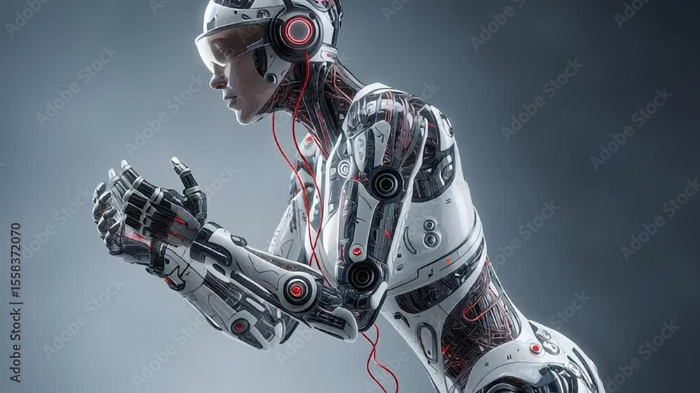 Poster futuristic robot running in dynamic pose against dark background