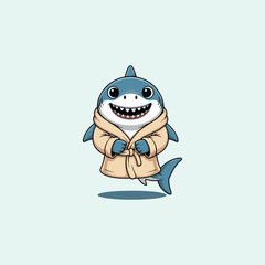 a cute cartoon illustration of a happy, light blue shark wearing a beige or light brown bathrobe. The shark has a wide, toothy smile and large, expressive eyes, and it appears to be standing or floati