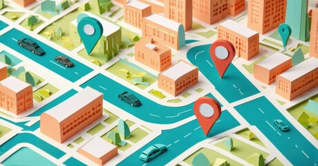 Papercraft cityscape depicts roads, buildings, cars, location pins. Bright colors, isometric view, minimalist design. Urban scene.