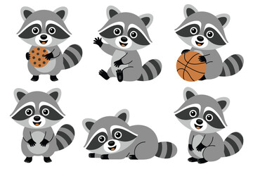 Six Adorable Cartoon Raccoons Playing and Eating