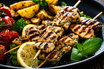 Greek style chicken skewers souvlaki with roasted potatoes and cherry tomatoes on wooden background	