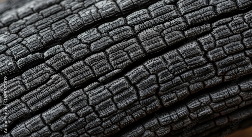 Poster close-up of charred wood texture with cracks and detailed patterns