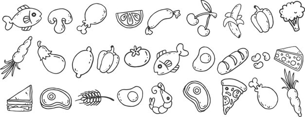 Hand drawn doodle food icon set. Includes fish, vegetables, meat, pizza, bread, cheese, fruit, shrimp, sandwich, and egg. Healthy organic cartoon food elements for menu, design, sticker,  infographic.